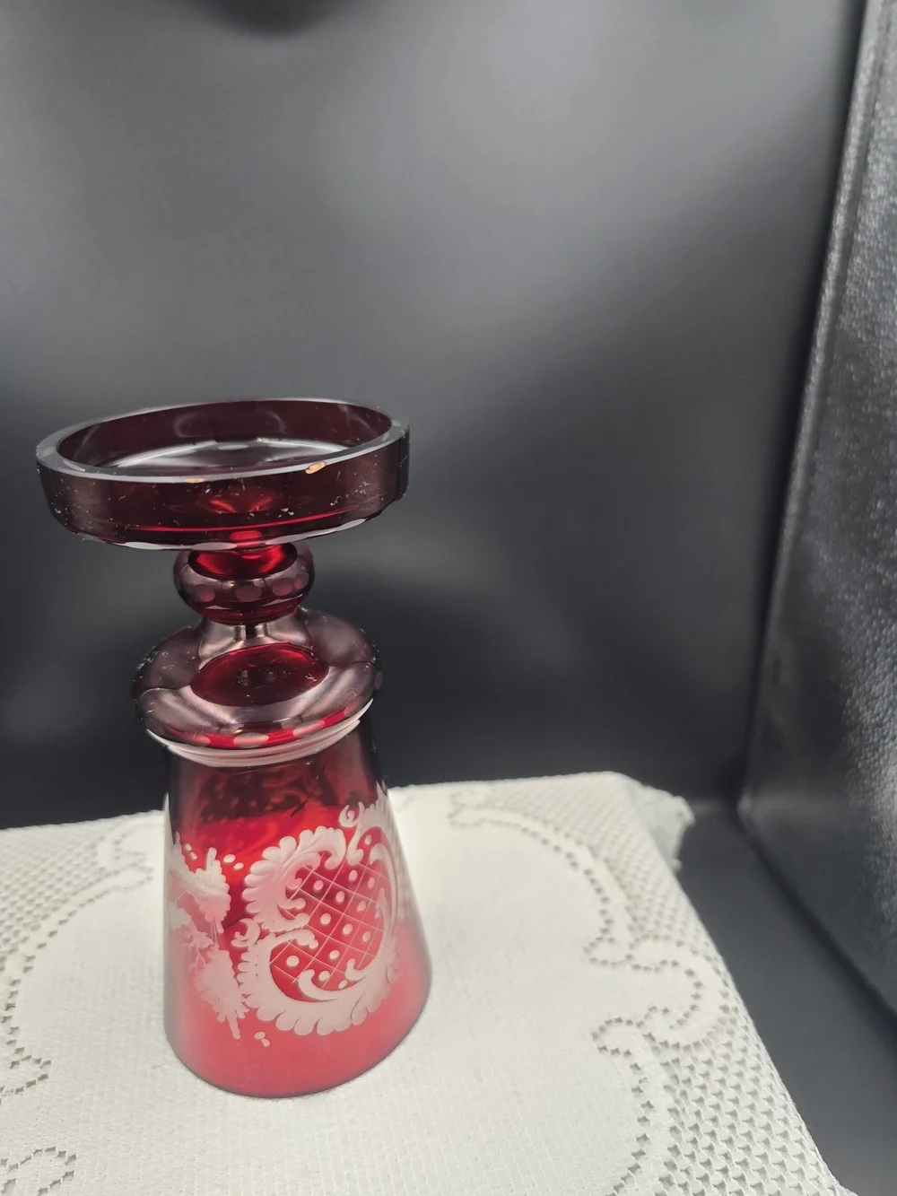 Ruby Red Etched Glass Covered Goblet - Decorative Home Art